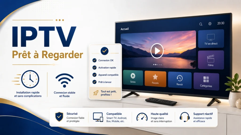 Infographie IPTV prêt à regarder avec Smart TV, horloge, Wi-Fi et checklist d’activation.