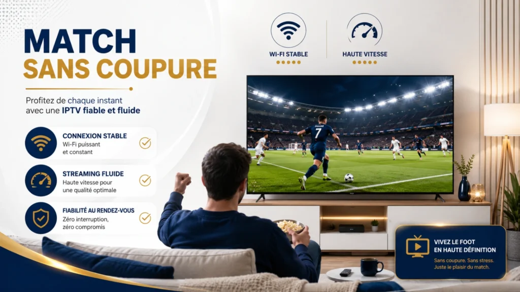 Infographie IPTV sans coupure match avec Smart TV, Wi-Fi stable et checklist de préparation.