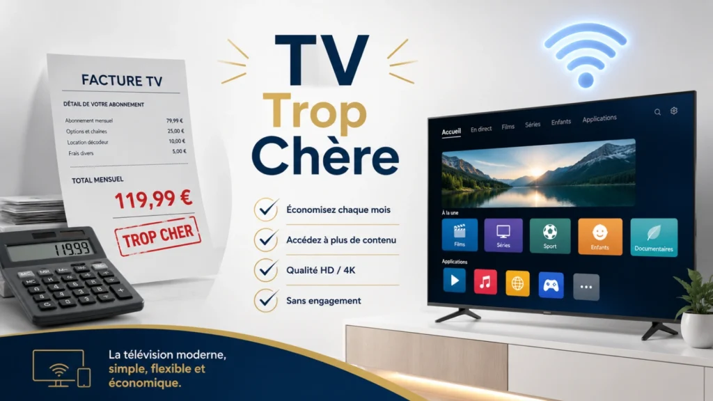 Infographie IPTV abonnement TV trop cher avec facture, calculatrice, Smart TV et Wi-Fi.