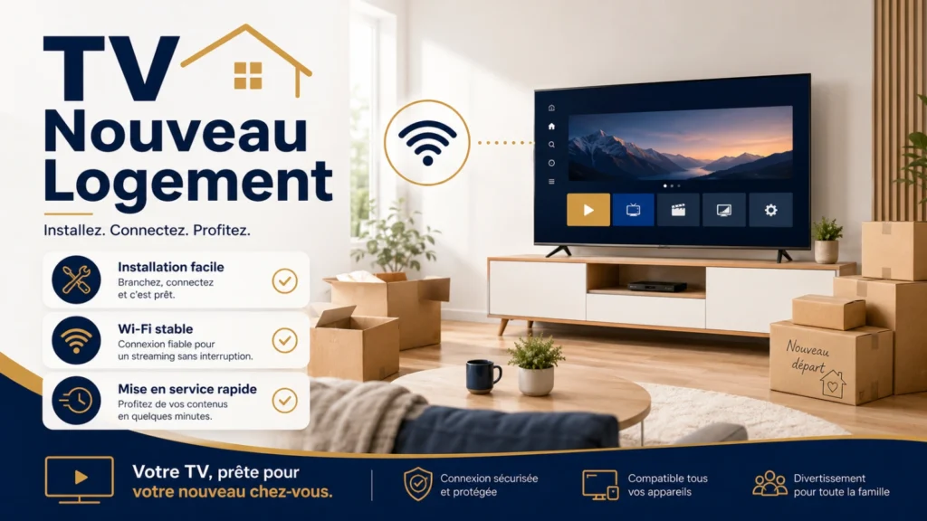 Infographie IPTV nouveau logement avec cartons de déménagement, Smart TV et Wi-Fi.
