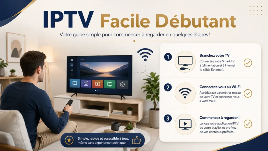 Infographie IPTV facile pour débutant avec Smart TV, étapes simples et Wi-Fi.
