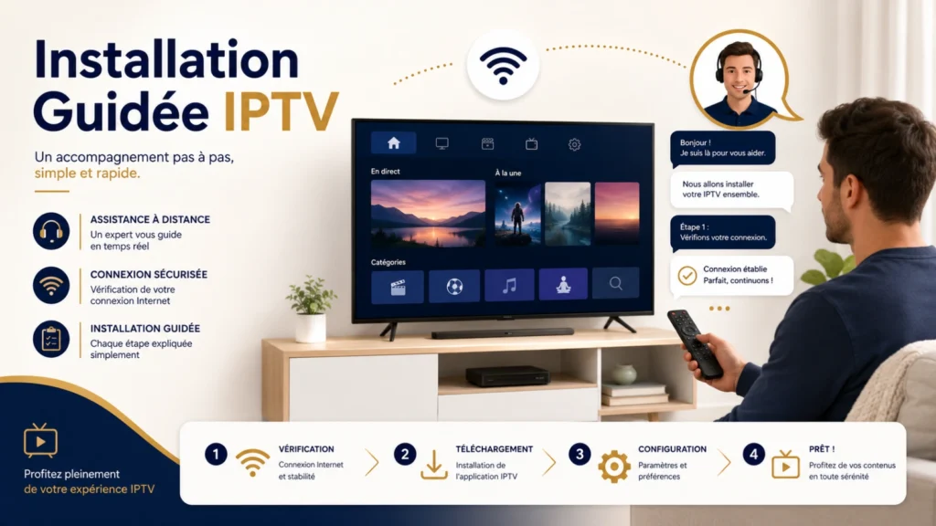Infographie IPTV installation guidée à distance avec Smart TV, support et checklist.