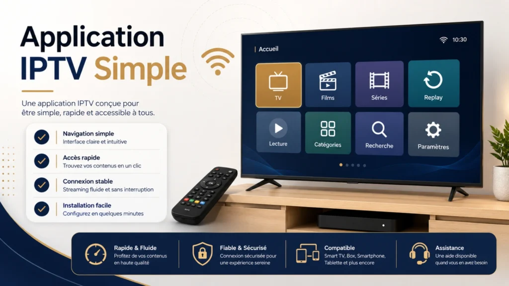 Infographie IPTV application simple avec interface claire, Smart TV, télécommande et Wi-Fi.