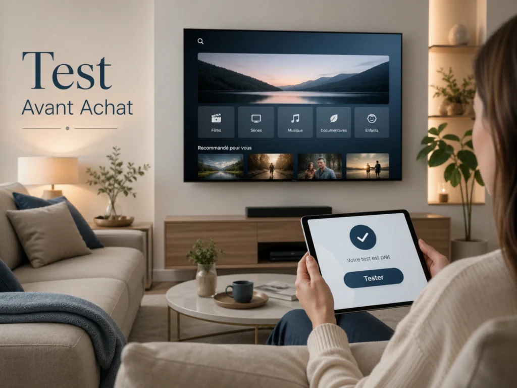 IPTV France test avant achat avec télévision moderne, tablette et icône de validation.