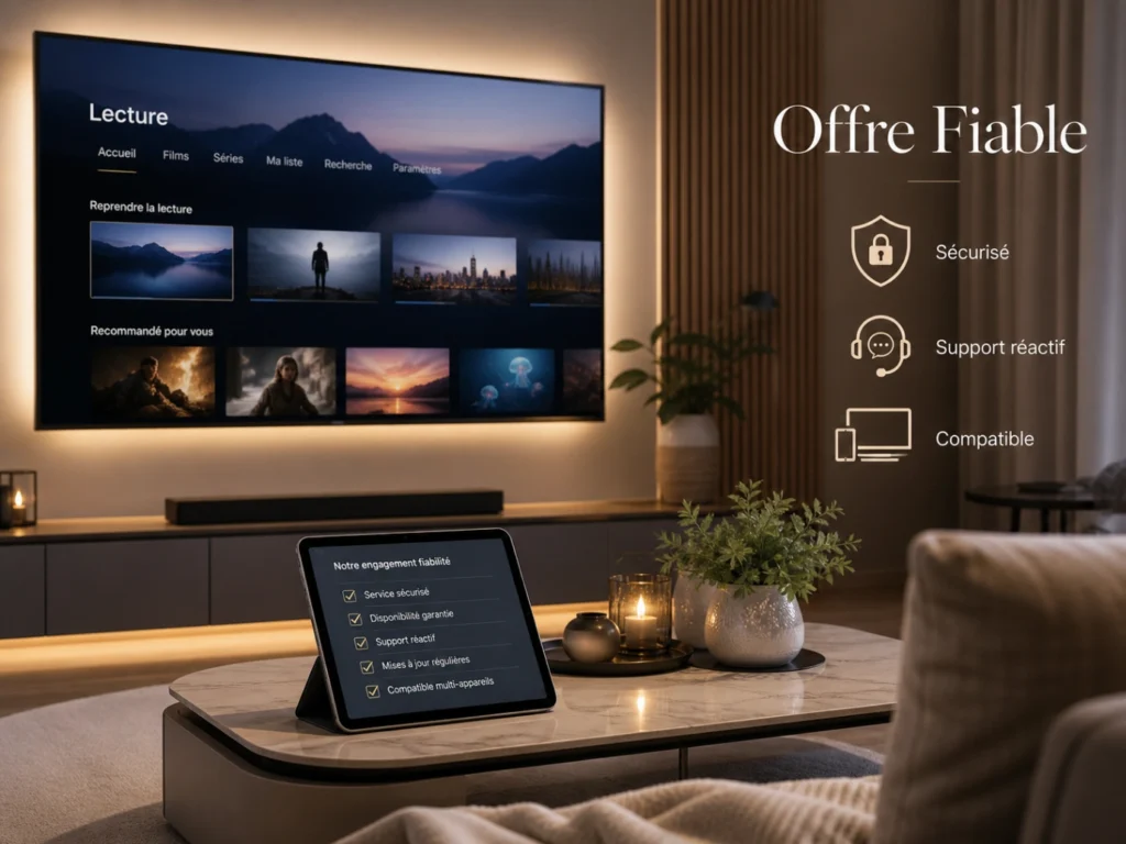 IPTV France offre fiable avec télévision moderne, checklist et icônes de sécurité.