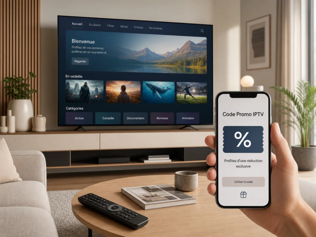 IPTV France code promo avec Smart TV moderne, smartphone et réduction générique.