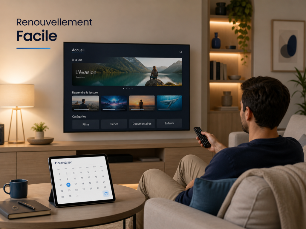 IPTV France renouvellement facile avec télévision moderne, calendrier et icône de renouvellement.