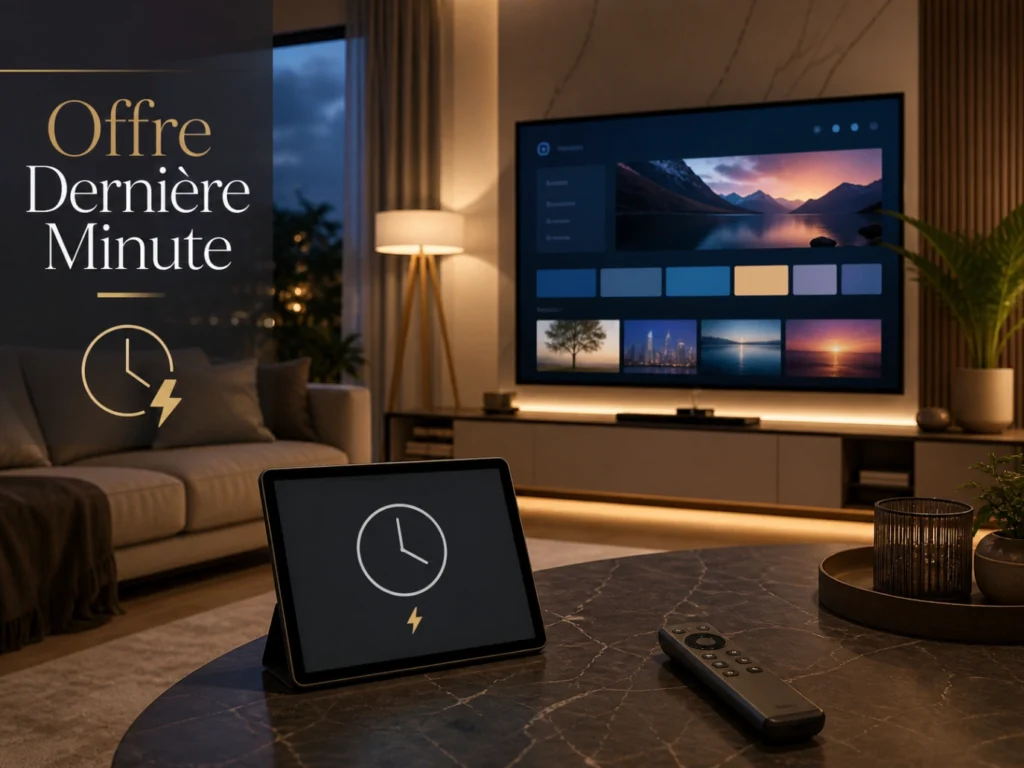 IPTV France offre dernière minute avec télévision moderne, tablette et icône rapide.