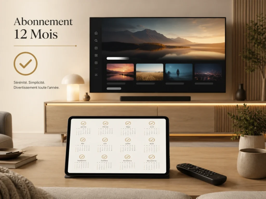 IPTV France abonnement 12 mois avec calendrier annuel, Smart TV moderne et télécommande.