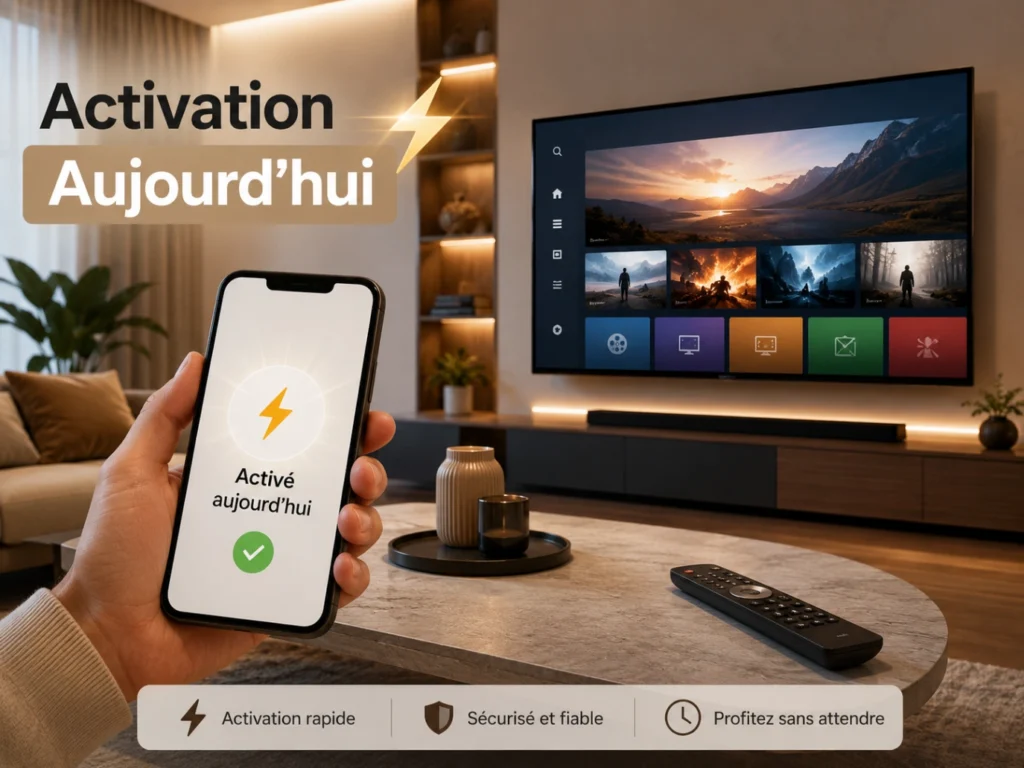 IPTV France activation aujourd’hui avec Smart TV moderne, smartphone et notification de validation.