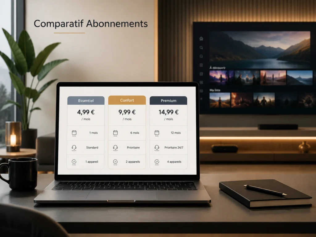 IPTV France comparatif abonnements avec tableau de comparaison, ordinateur et Smart TV moderne.