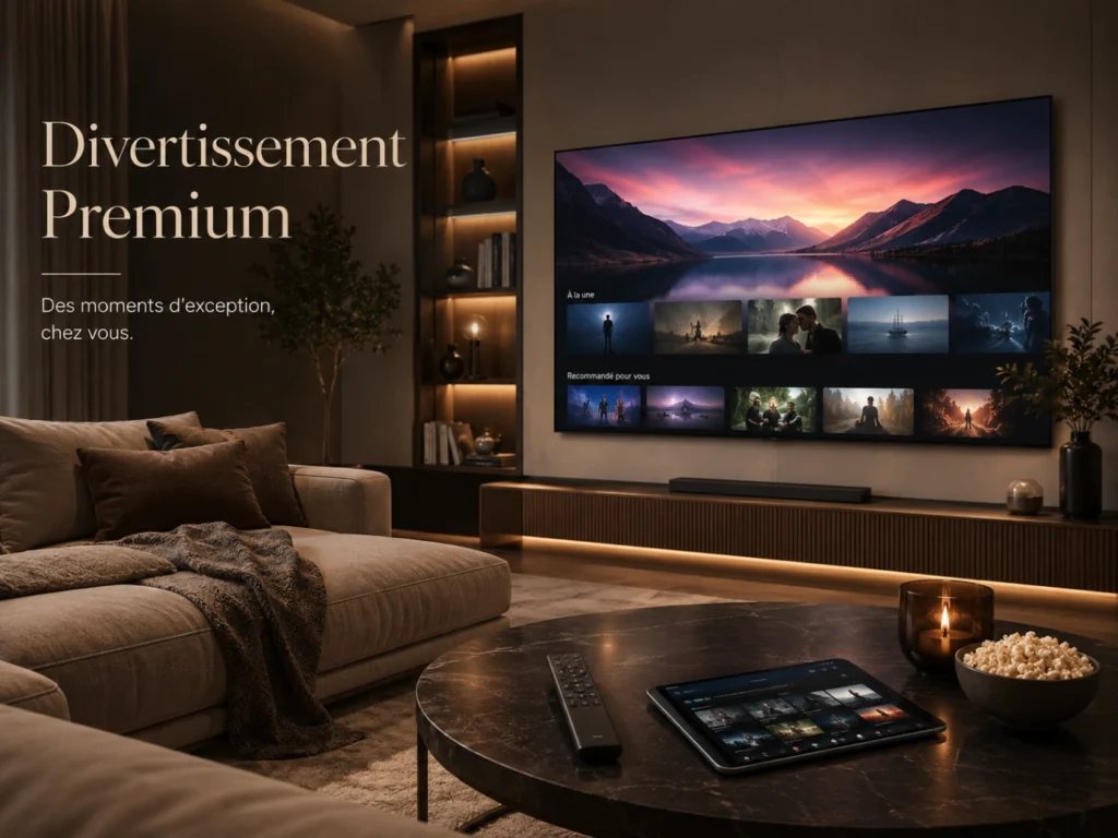 IPTV France divertissement premium dans un salon haut de gamme avec grande Smart TV.