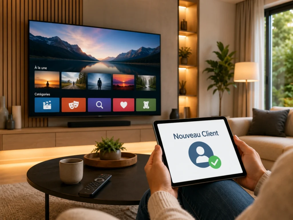 IPTV France offre nouveaux clients avec Smart TV moderne, smartphone et badge nouveau client.