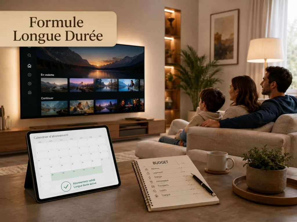 IPTV France formule longue durée avec calendrier, Smart TV moderne et carnet de budget.