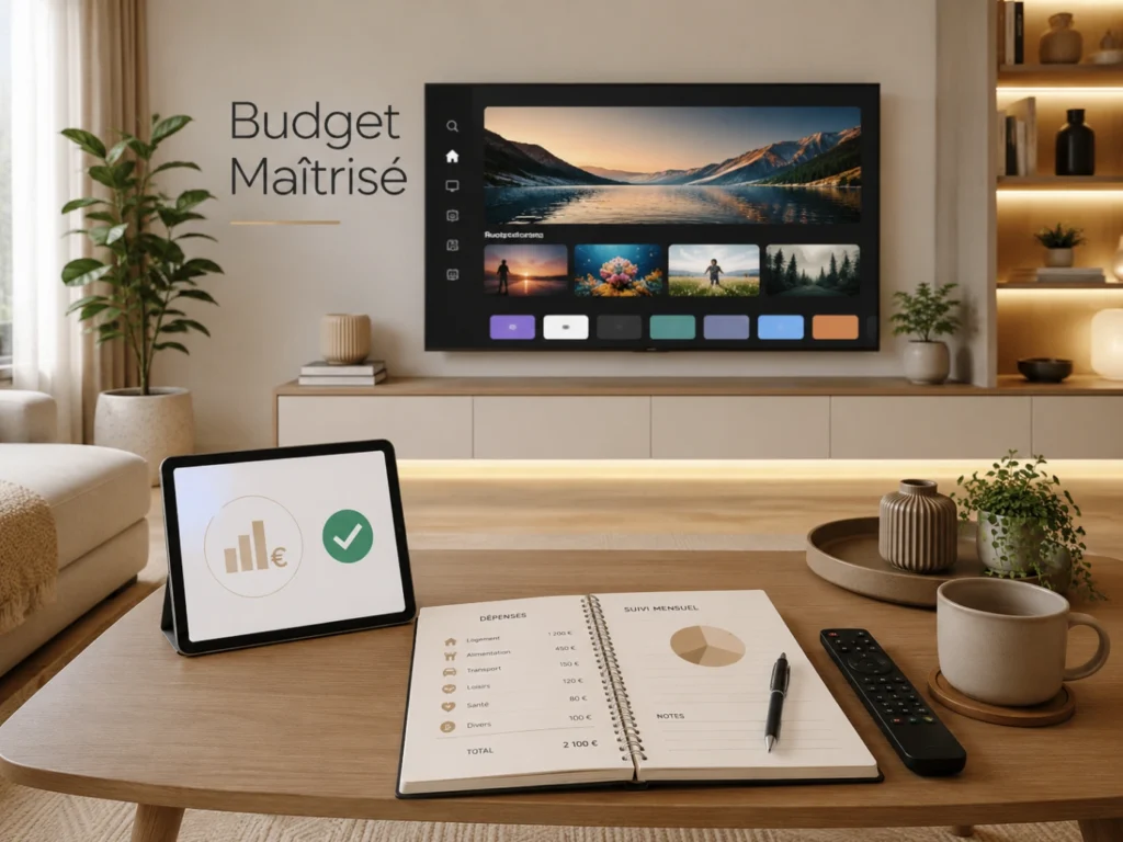IPTV France budget maîtrisé avec Smart TV moderne, tablette et carnet de dépenses.