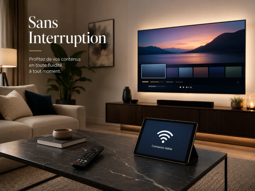 IPTV France sans interruption avec Smart TV moderne, signal stable et ambiance premium.
