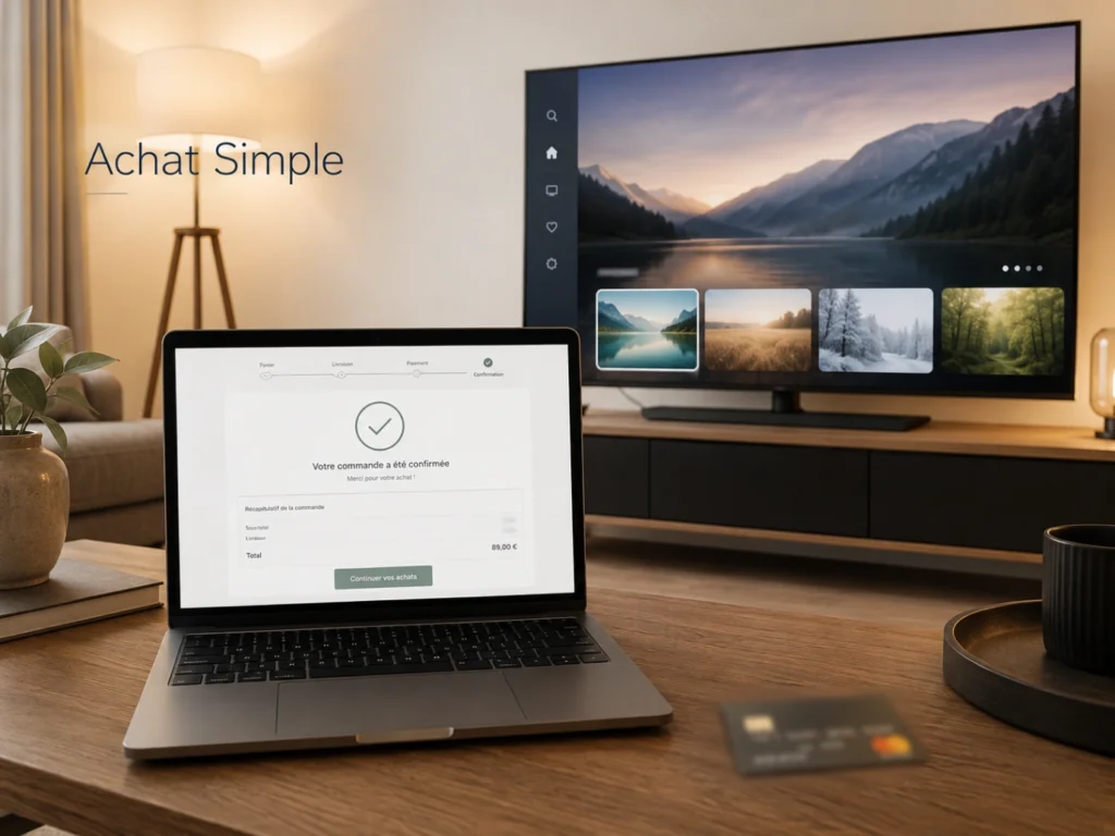 IPTV France achat simple avec ordinateur, page de commande claire et Smart TV moderne.