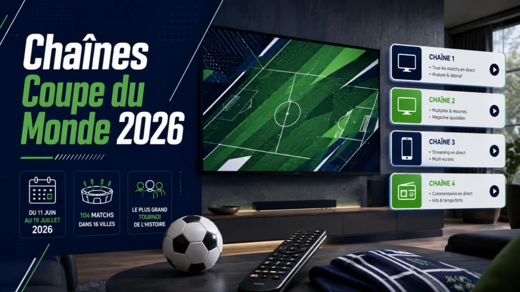Chaînes Coupe du Monde 2026 France avec télévision, ballon et programme TV