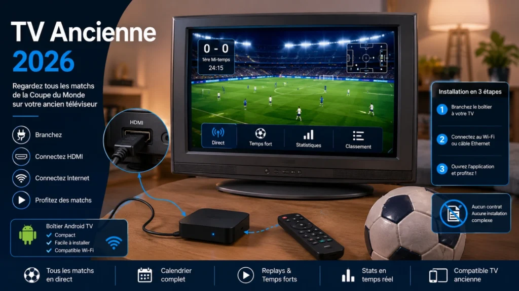 Coupe du Monde 2026 sur TV ancienne avec box Android, HDMI et ballon
