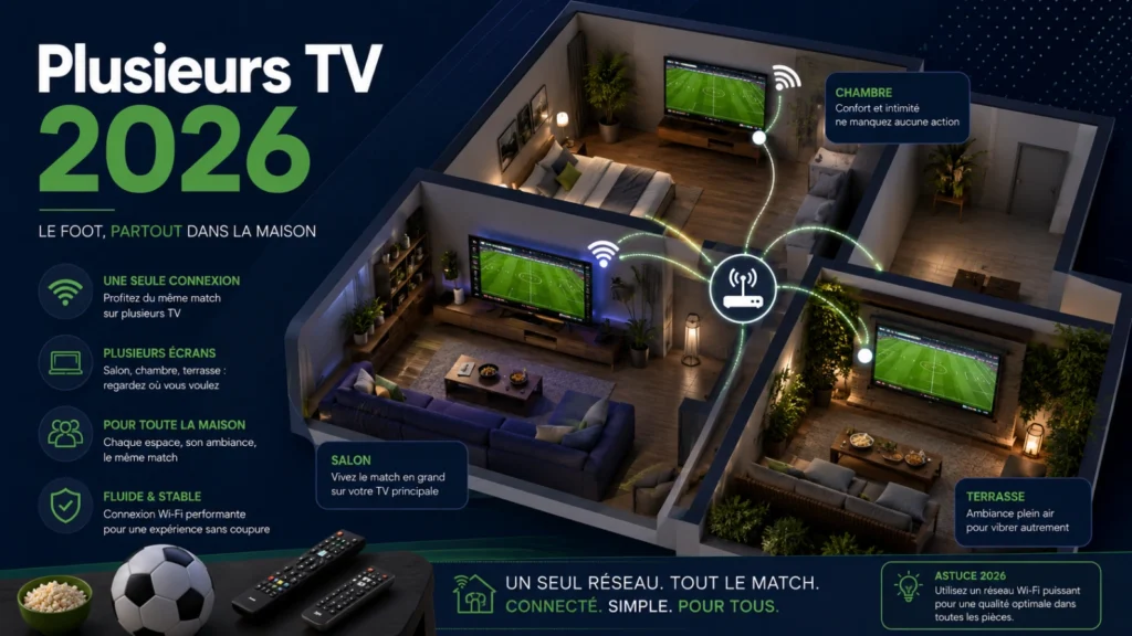 Coupe du Monde 2026 sur plusieurs TV dans une maison moderne
