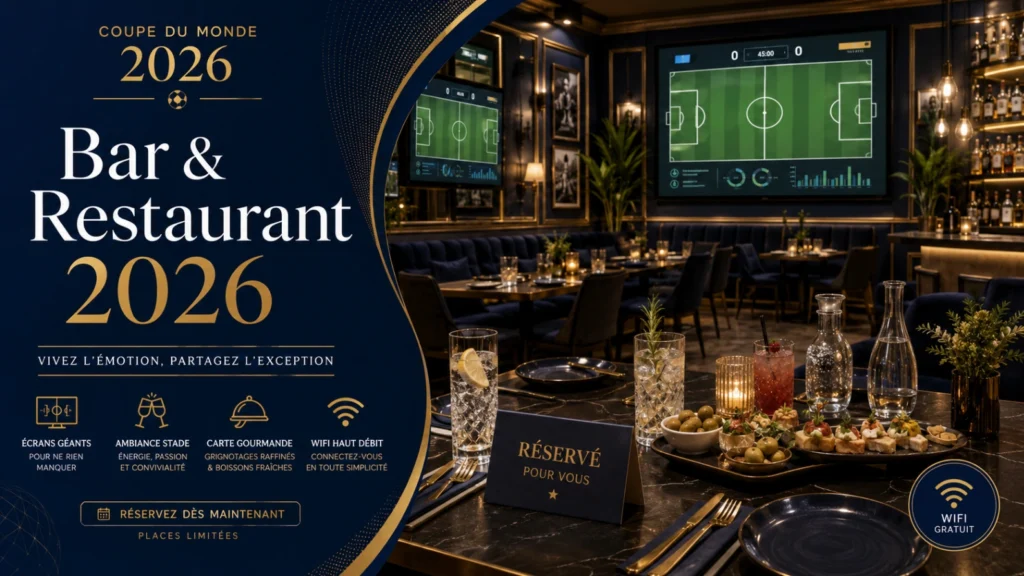 Coupe du Monde 2026 bar restaurant avec écrans TV et ambiance football premium
