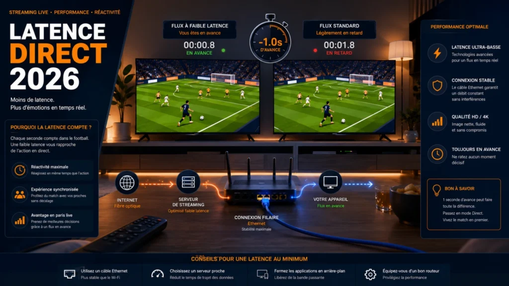 Coupe du Monde 2026 latence direct avec deux écrans TV et chronomètre