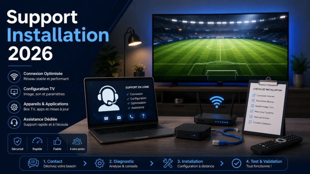 Coupe du Monde 2026 support installation avec TV, checklist et assistance technique