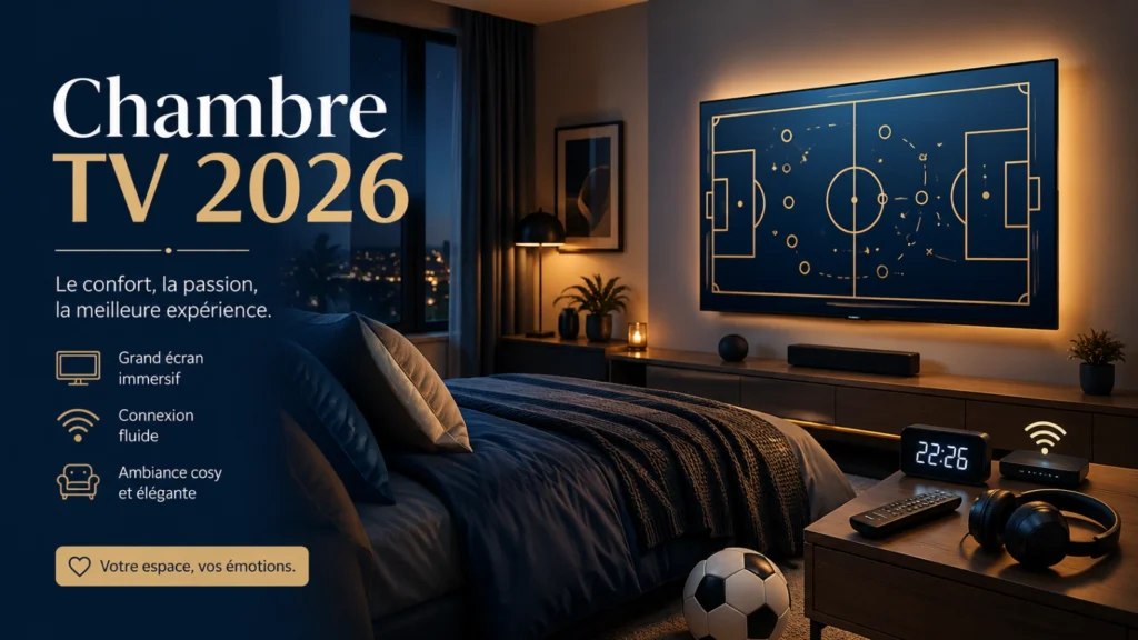Coupe du Monde 2026 chambre TV avec écran mural, casque et ballon