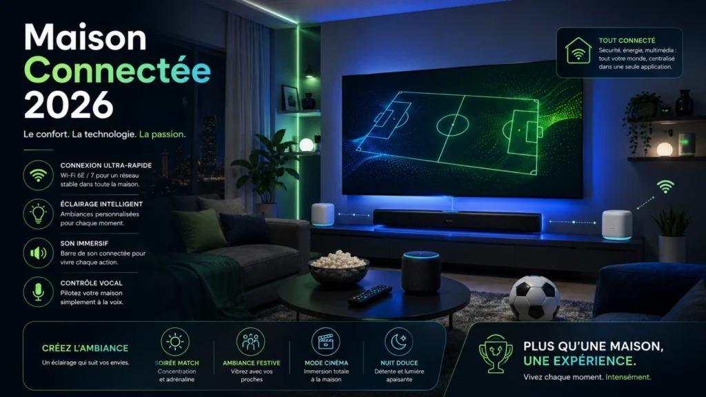 Coupe du Monde 2026 maison connectée avec Smart TV, lumières intelligentes et Wi-Fi