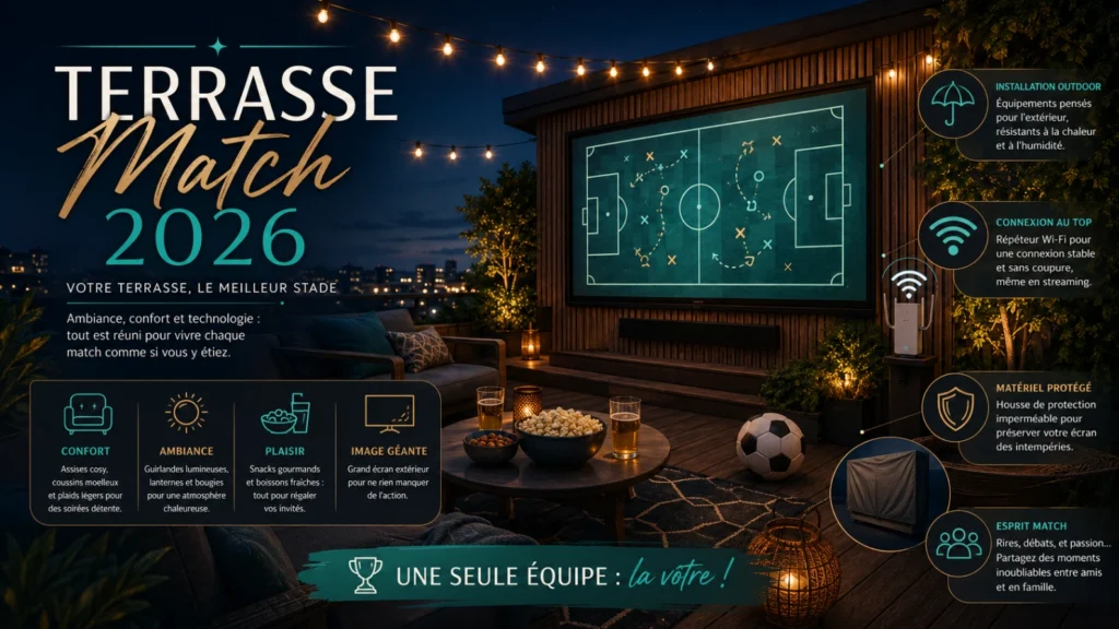 Coupe du Monde 2026 terrasse avec écran extérieur, lumières et ballon