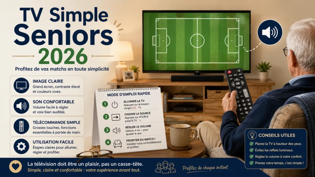 Coupe du Monde 2026 seniors avec TV simple, grande télécommande et instructions