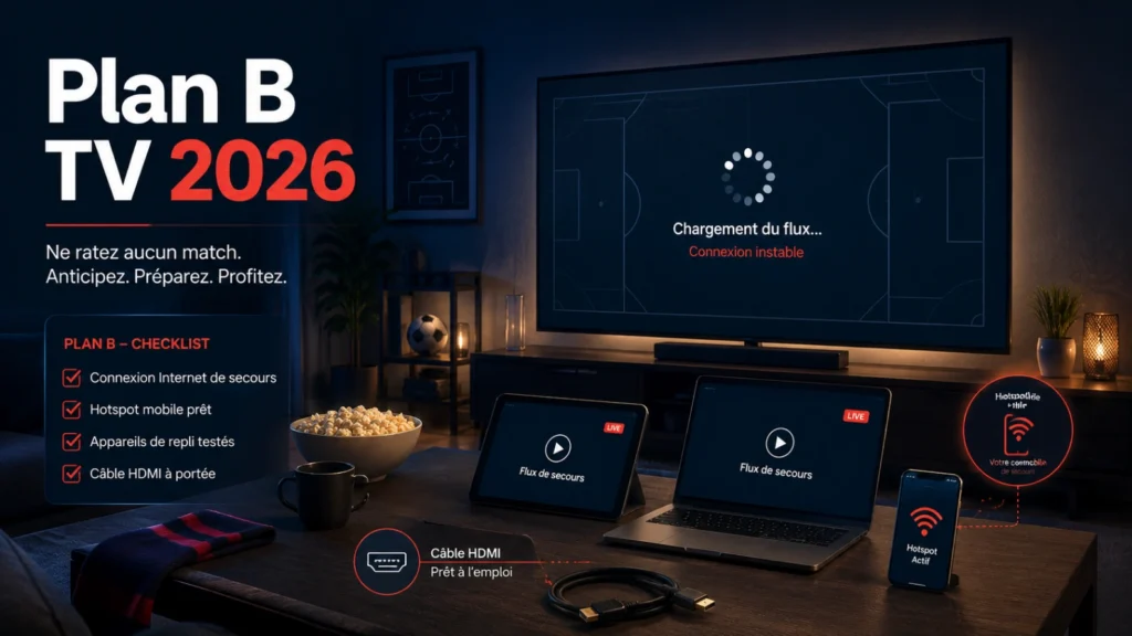Coupe du Monde 2026 plan B TV avec écran bloqué, tablette, laptop et câble HDMI