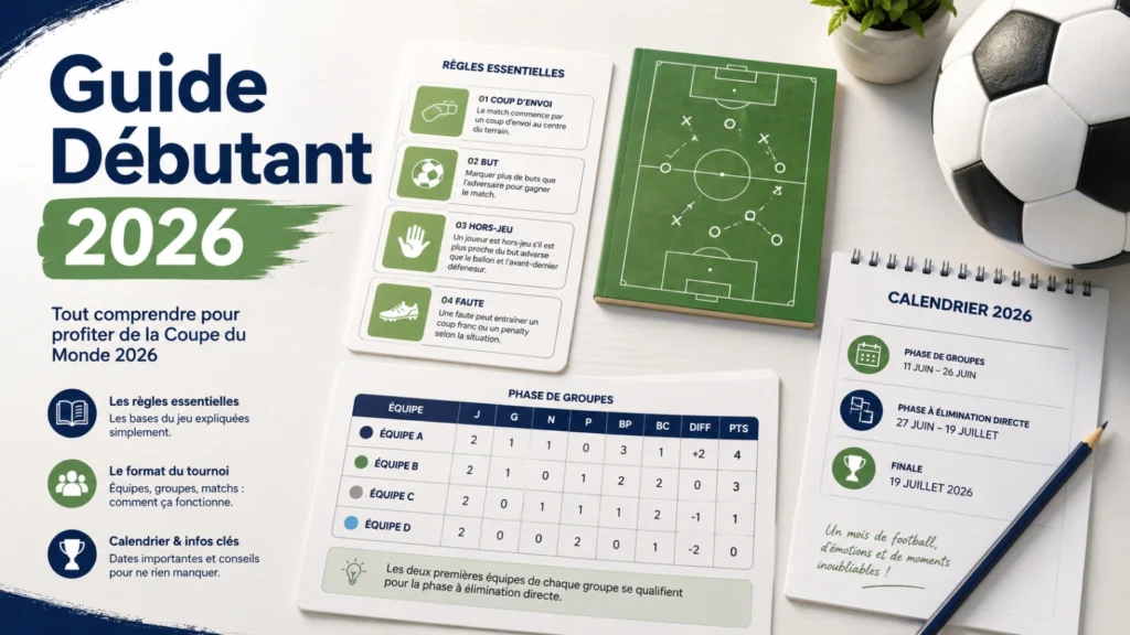 Coupe du Monde 2026 guide débutant avec calendrier, terrain et fiches explicatives