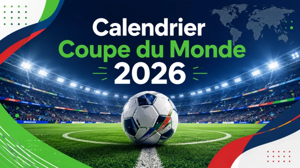 Calendrier Coupe du Monde 2026 en heure française avec stade moderne et ballon de football