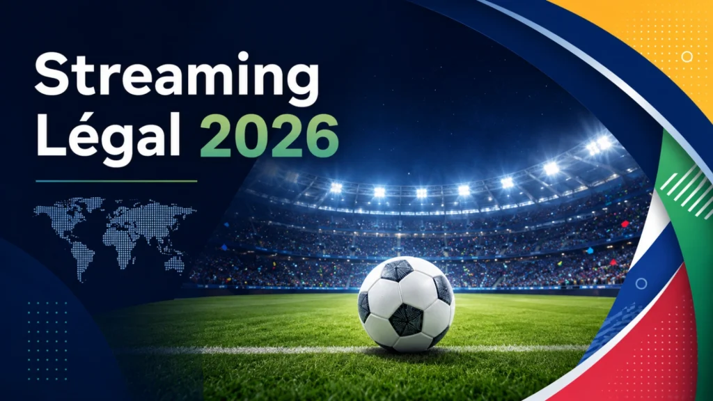 Streaming légal Coupe du Monde 2026 avec stade moderne, ballon et interface TV sécurisée