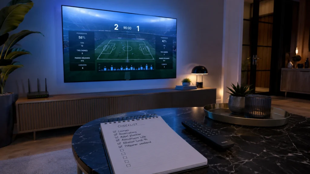 Salon moderne avec télévision prête pour regarder un match de Coupe du Monde 2026 ce soir