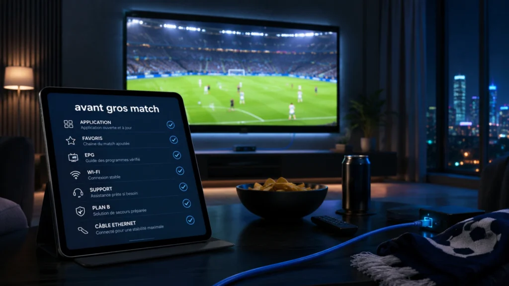 Checklist IPTV avant un gros match pour vérifier application connexion et support