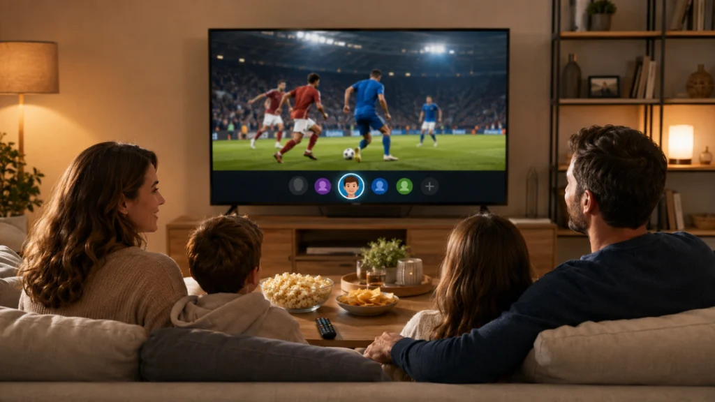 Famille avec enfants regardant la Coupe du Monde sur TV à la maison
