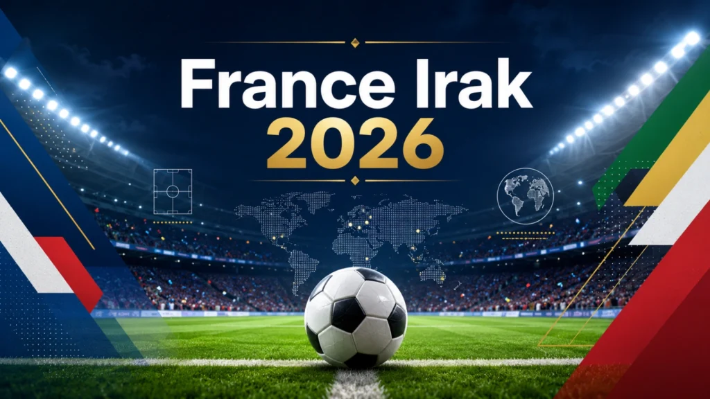 France Irak Coupe du Monde 2026 dans un stade moderne avec ballon de football