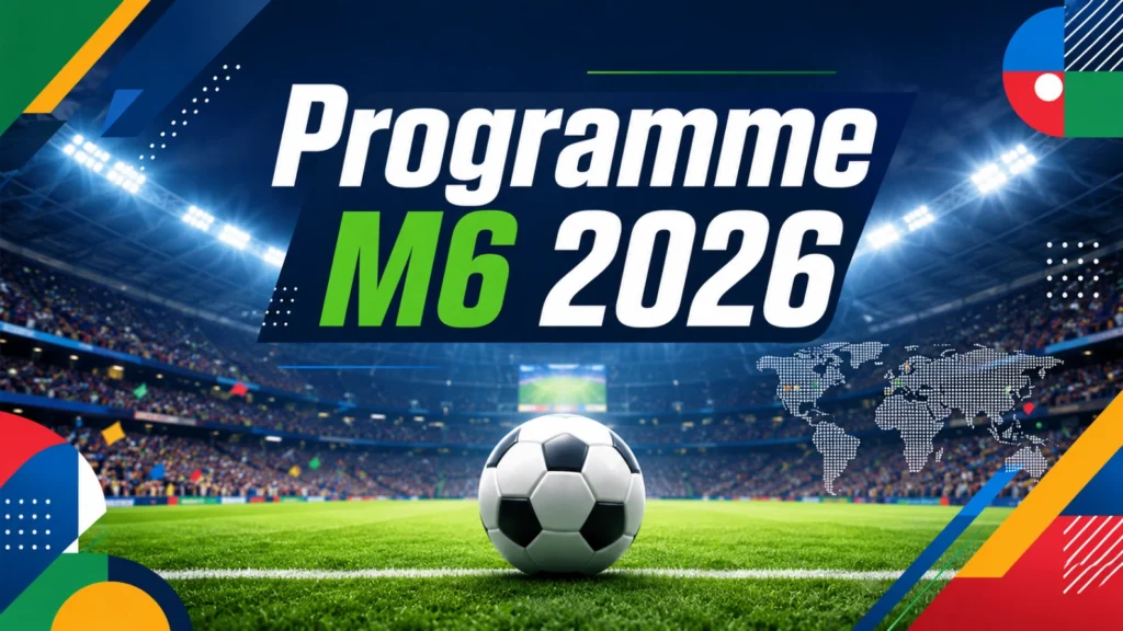 Programme M6 Coupe du Monde 2026 avec stade moderne et écran TV