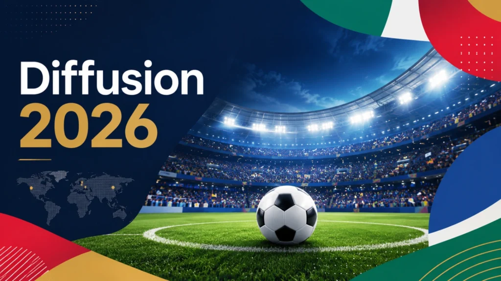 beIN Sports Coupe du Monde 2026 France avec stade de football moderne et écran TV