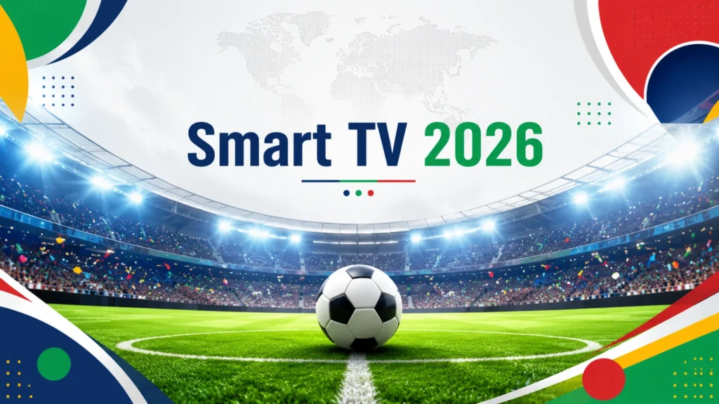 Regarder Coupe du Monde 2026 sur Smart TV avec écran moderne et stade de football
