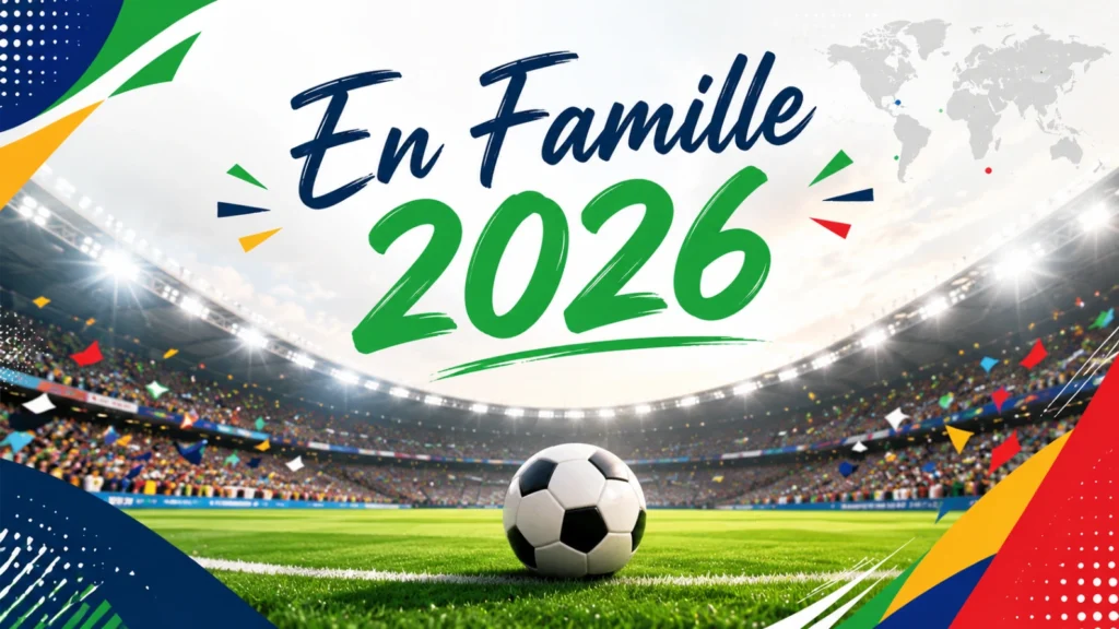 Regarder Coupe du Monde 2026 en famille dans un salon avec ambiance football