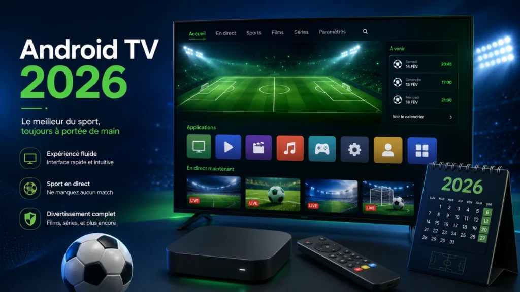 Coupe du Monde 2026 sur Android TV avec box, télécommande et écran football