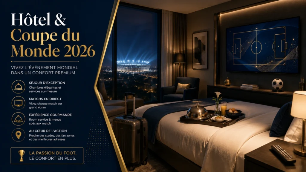 IPTV hôtel Coupe du Monde 2026 avec chambre moderne, télévision et ambiance football