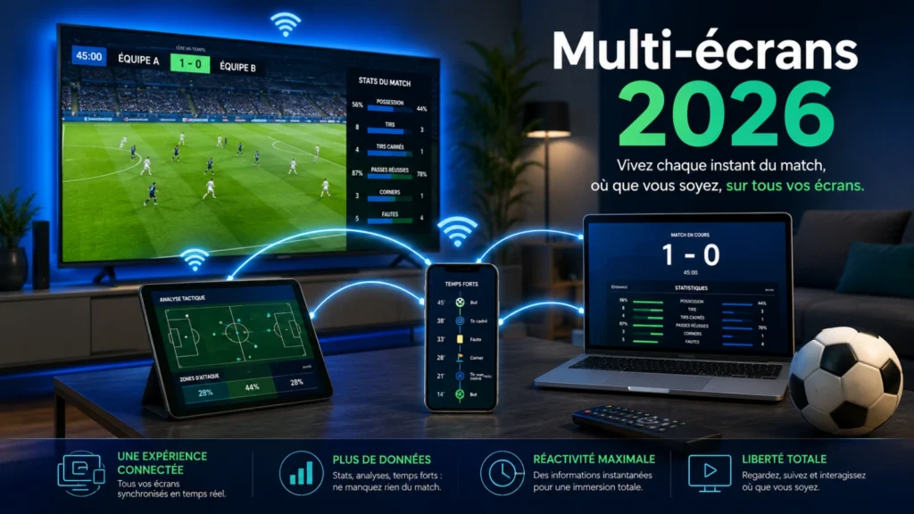 Coupe du Monde 2026 multi-écrans avec TV, tablette, mobile et ballon