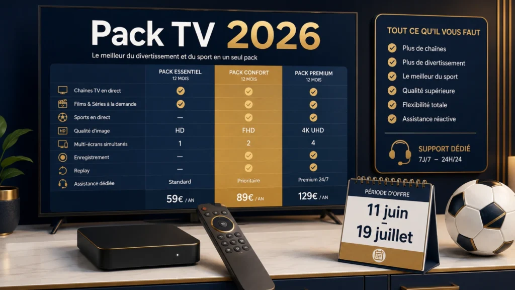 Pack TV Coupe du Monde 2026 avec Smart TV, box, télécommande et checklist